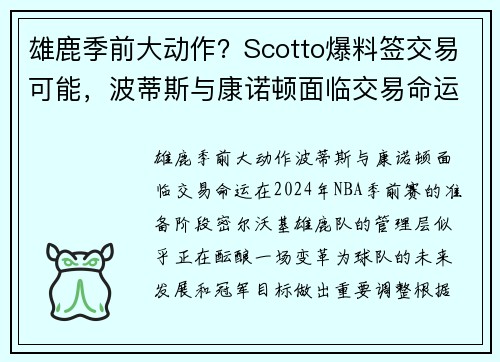 雄鹿季前大动作？Scotto爆料签交易可能，波蒂斯与康诺顿面临交易命运
