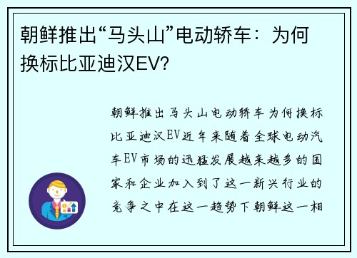 朝鲜推出“马头山”电动轿车：为何换标比亚迪汉EV？