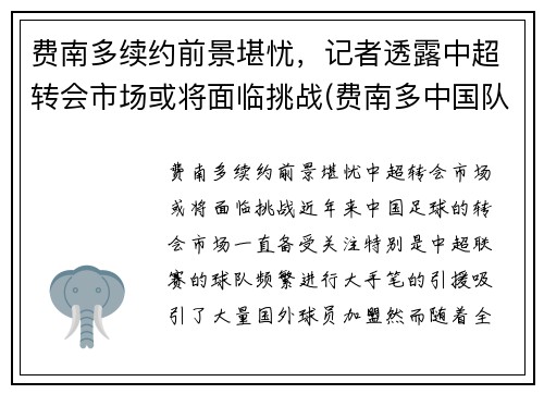 费南多续约前景堪忧，记者透露中超转会市场或将面临挑战(费南多中国队)