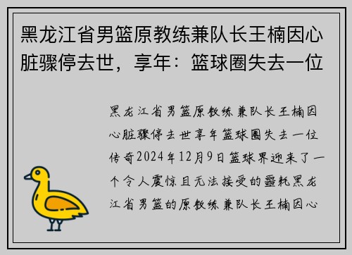 黑龙江省男篮原教练兼队长王楠因心脏骤停去世，享年：篮球圈失去一位传奇