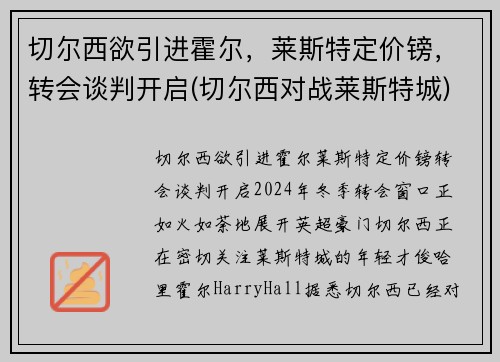 切尔西欲引进霍尔，莱斯特定价镑，转会谈判开启(切尔西对战莱斯特城)