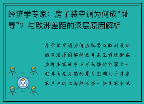 经济学专家：房子装空调为何成“耻辱”？与欧洲差距的深层原因解析
